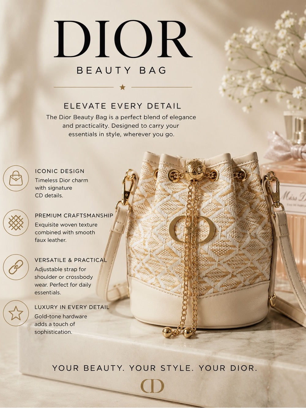Dior Cream & Gold Drawstring Crossbody Beauty Bag